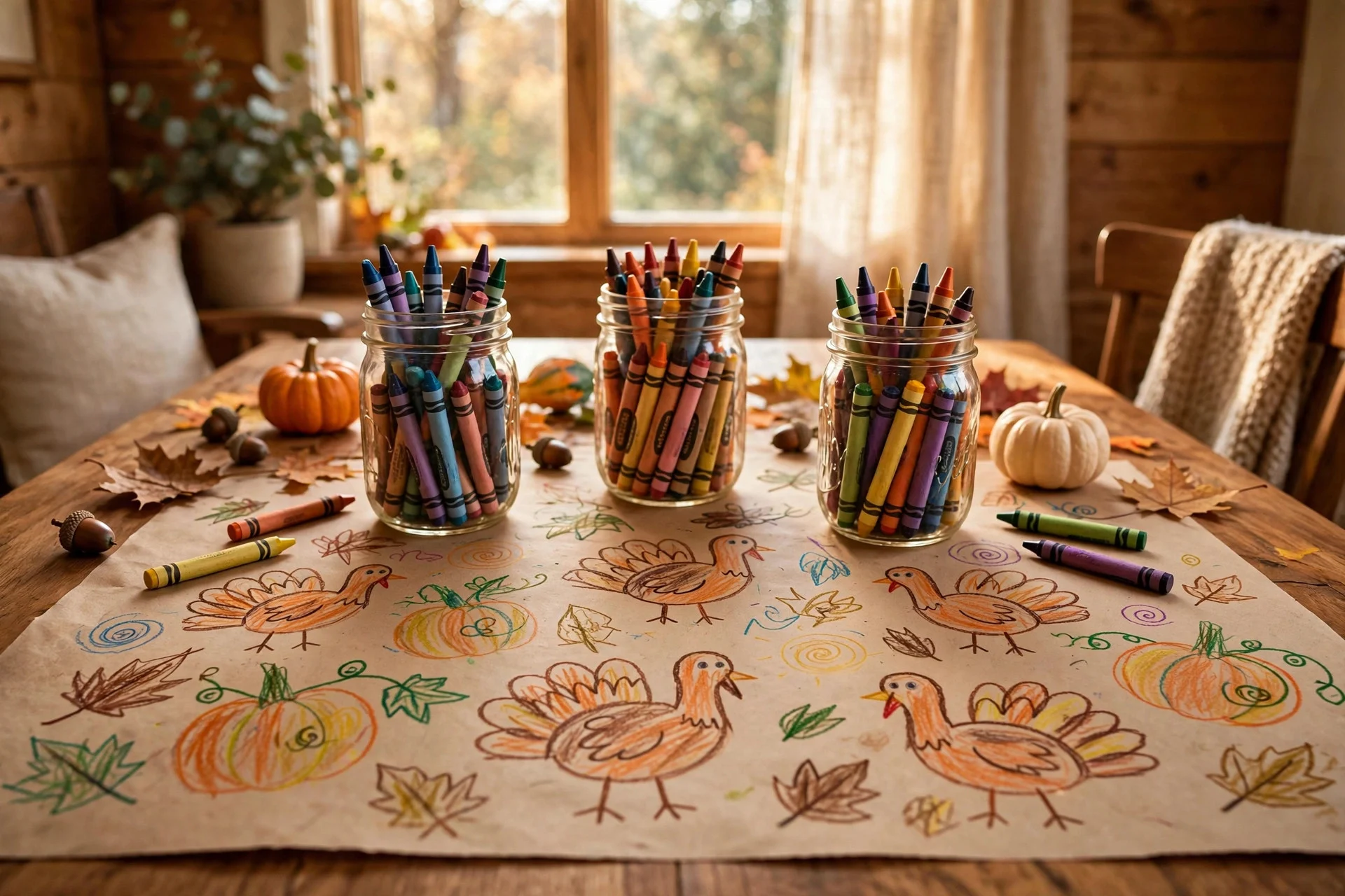 Kids' Thanksgiving table covered in kraft paper with children's crayon drawings of turkeys and pumpkins and jars of crayons