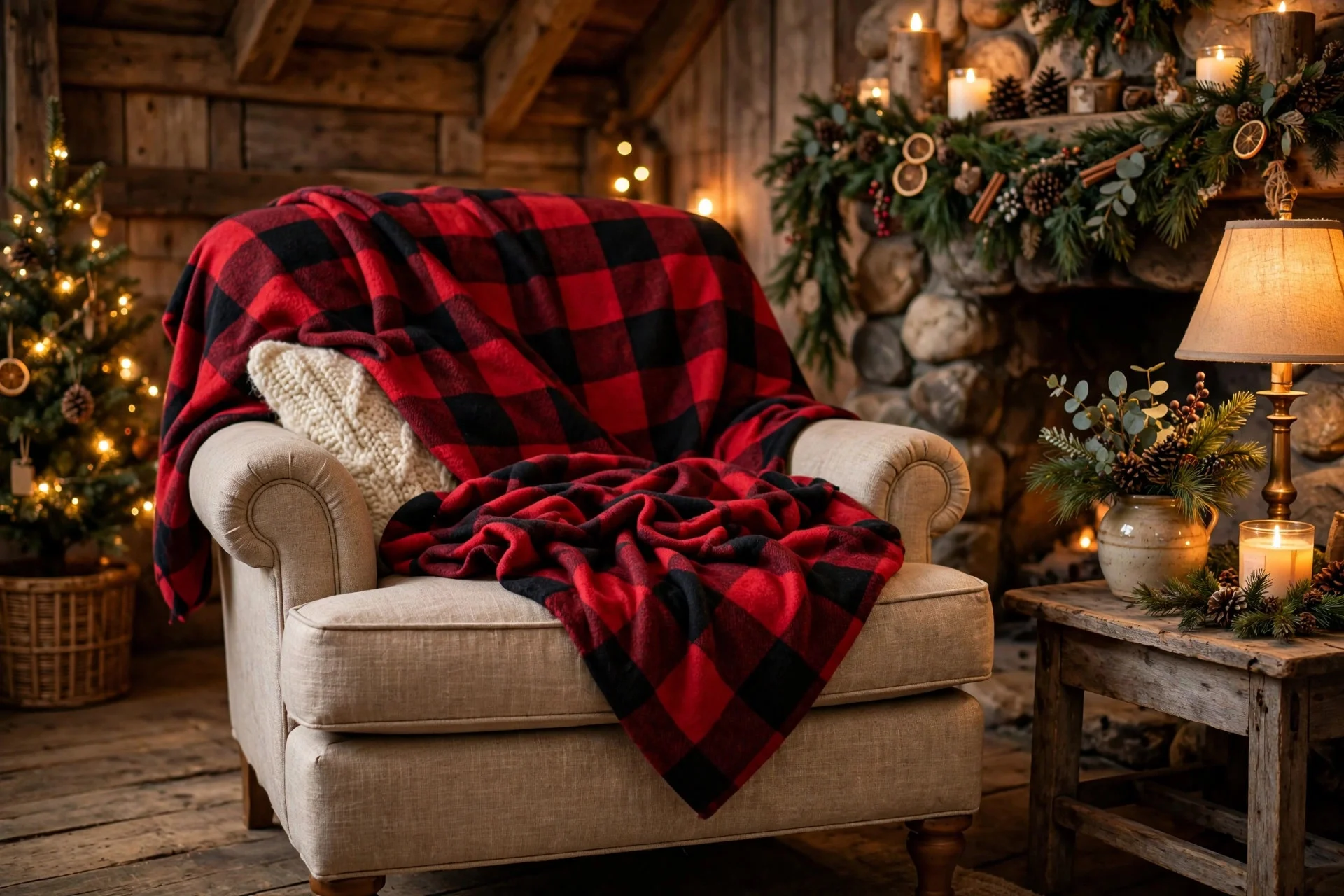 Armchair draped with a red and black buffalo plaid throw blanket