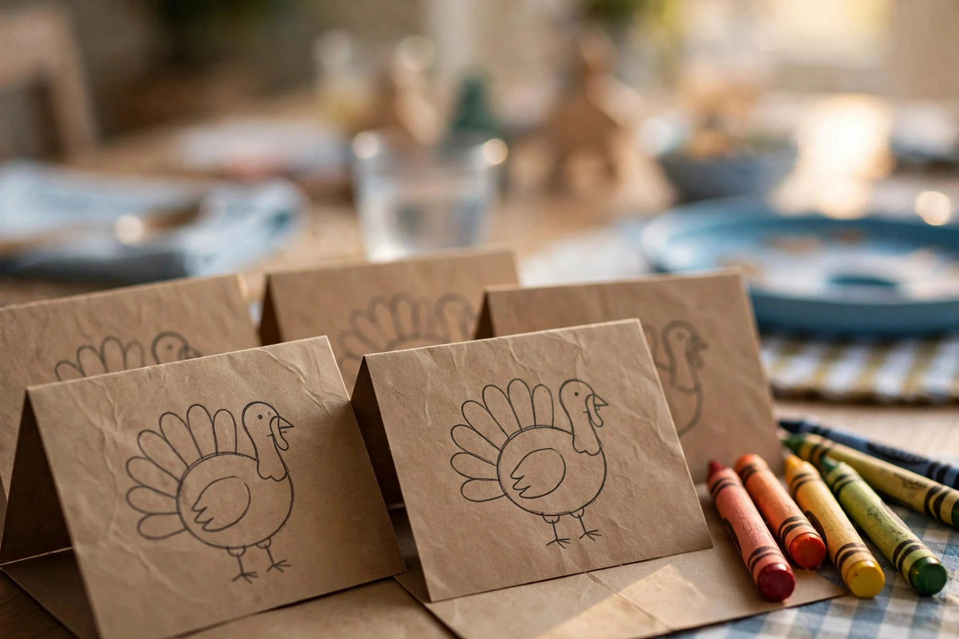 DIY coloring place cards with hand-drawn turkey outlines and crayons on a kids' Thanksgiving table