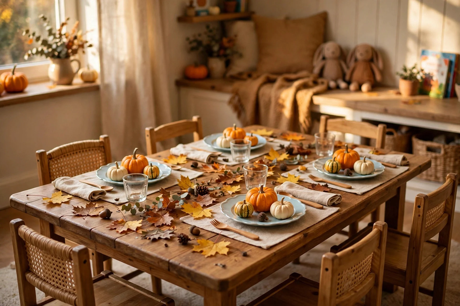 Mini pumpkins used as place settings with scattered fall leaves on a kids' Thanksgiving table