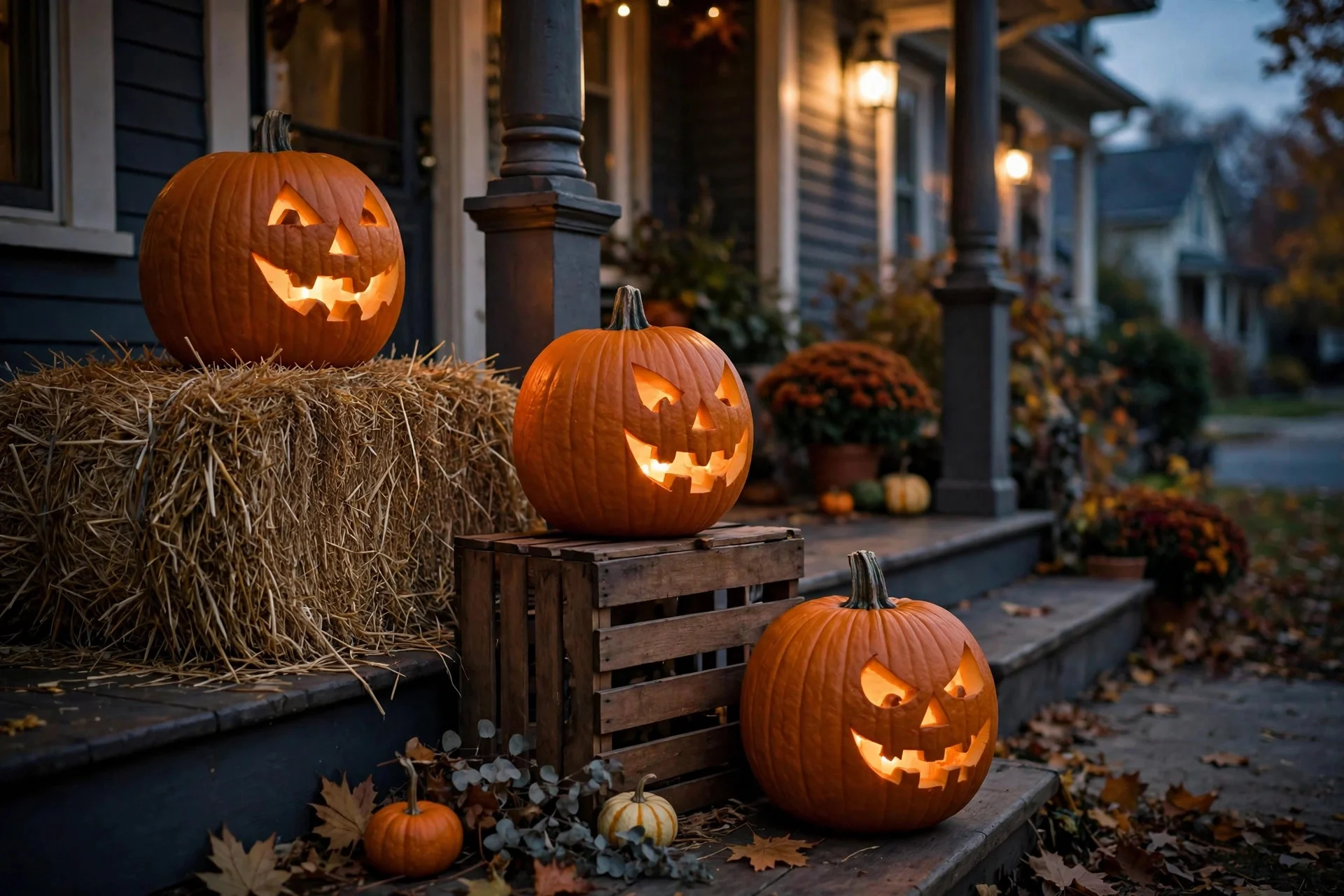 Pumpkins staged at three heights on hay bale crate and porch floor