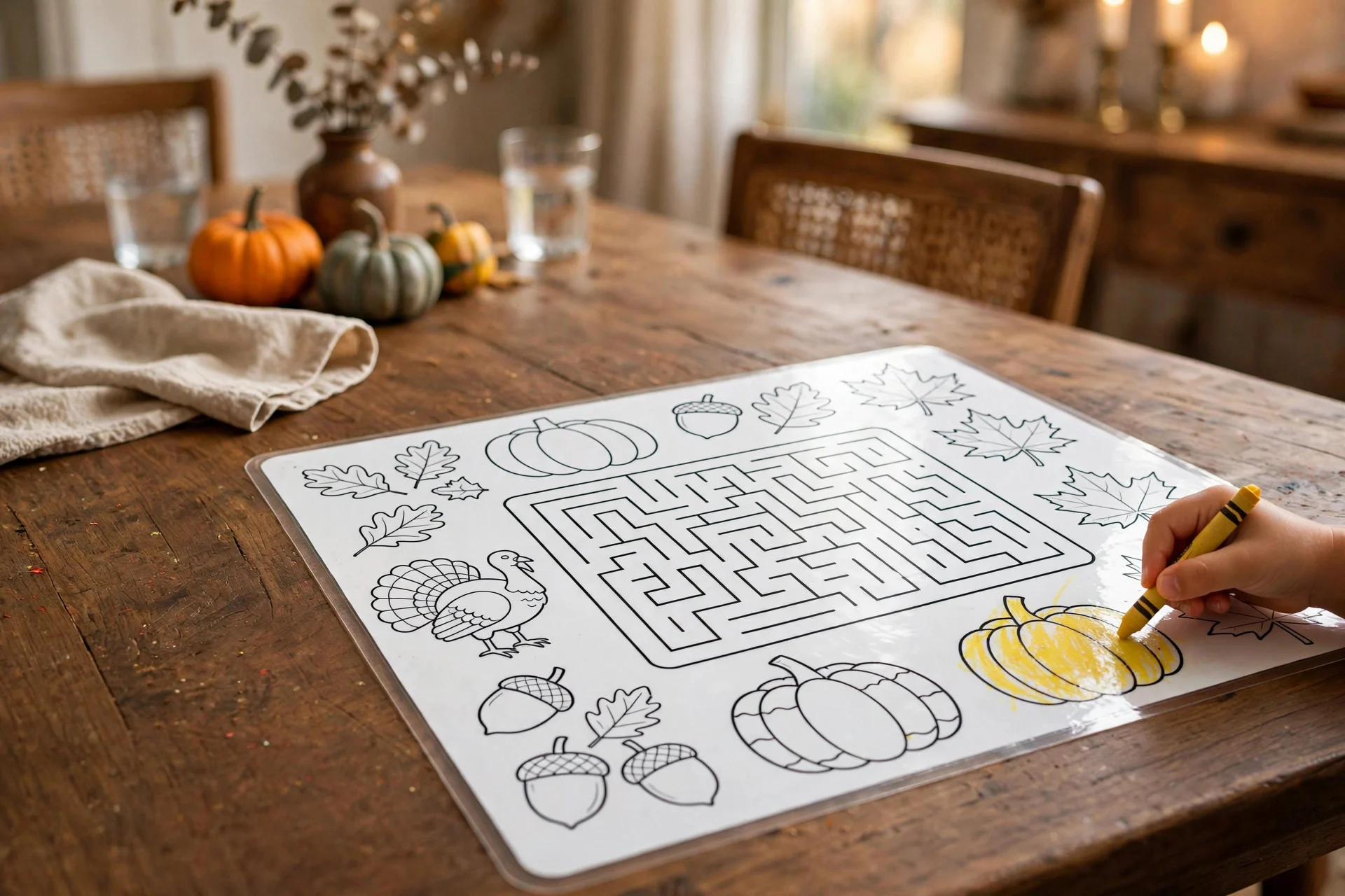 Thanksgiving activity placemat with maze and coloring sections and a child coloring with crayons