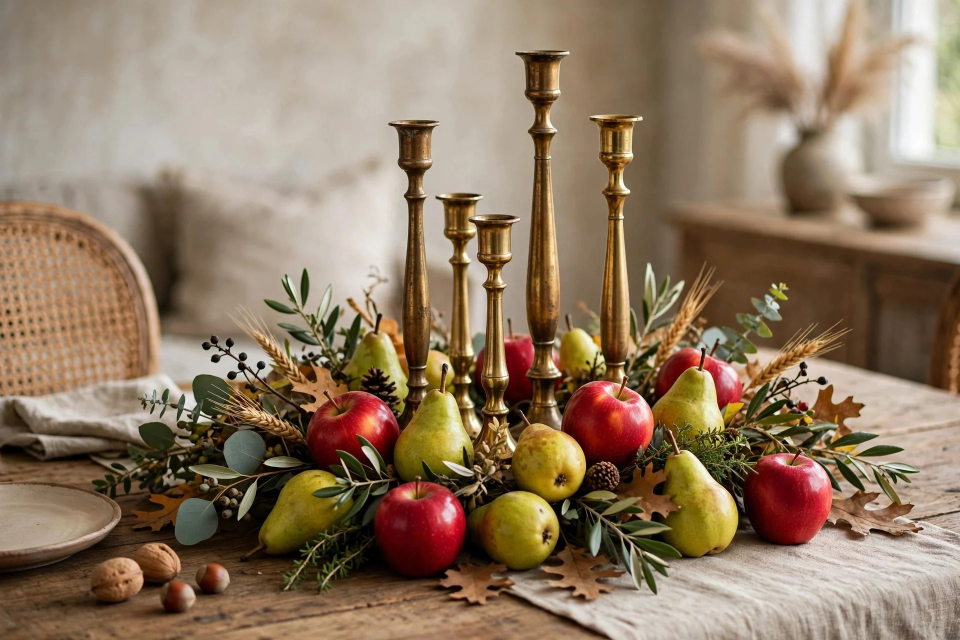 Orchard-style fall centerpiece with red apples and green pears arranged around tall brass candlesticks on a table