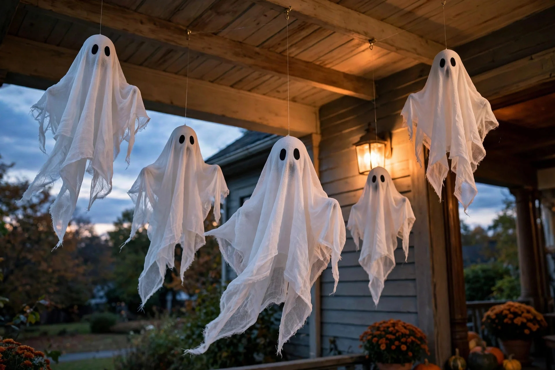Cheesecloth ghosts with felt eyes hanging from a porch ceiling at dusk