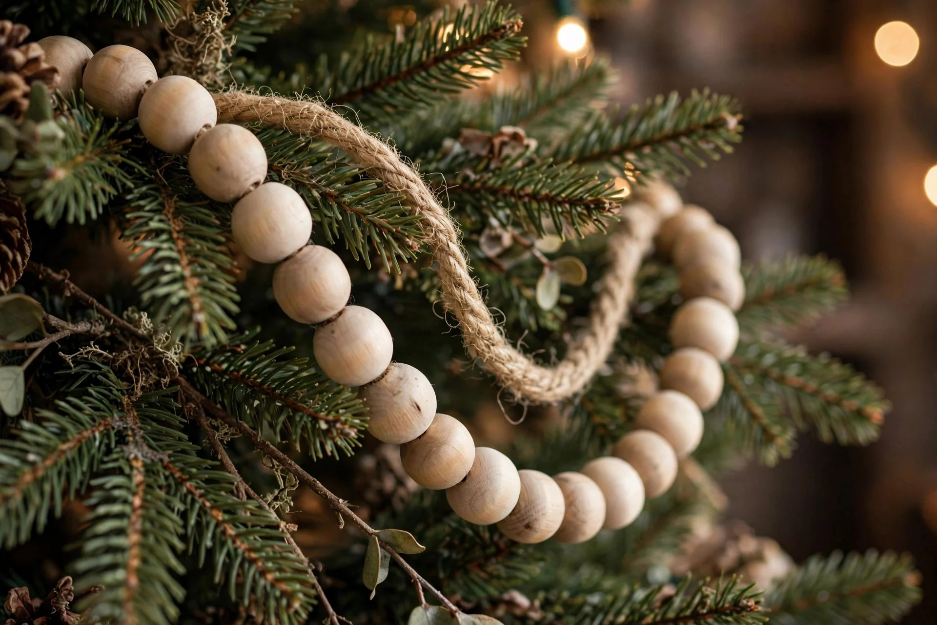 Natural wooden bead garland draped along a Christmas tree branch