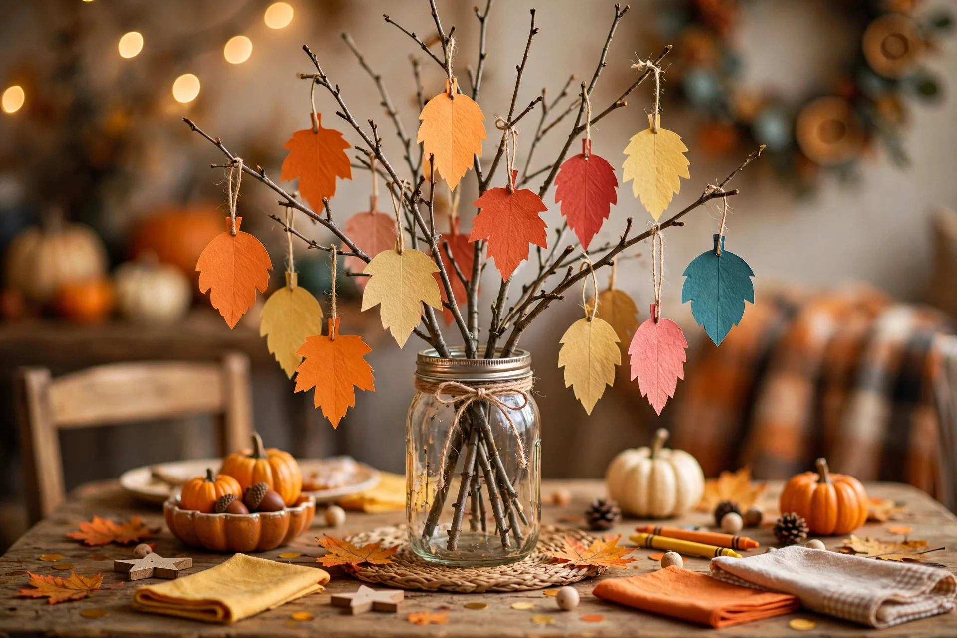 DIY gratitude tree centerpiece with paper leaves hanging from branches in a mason jar on a kids' table