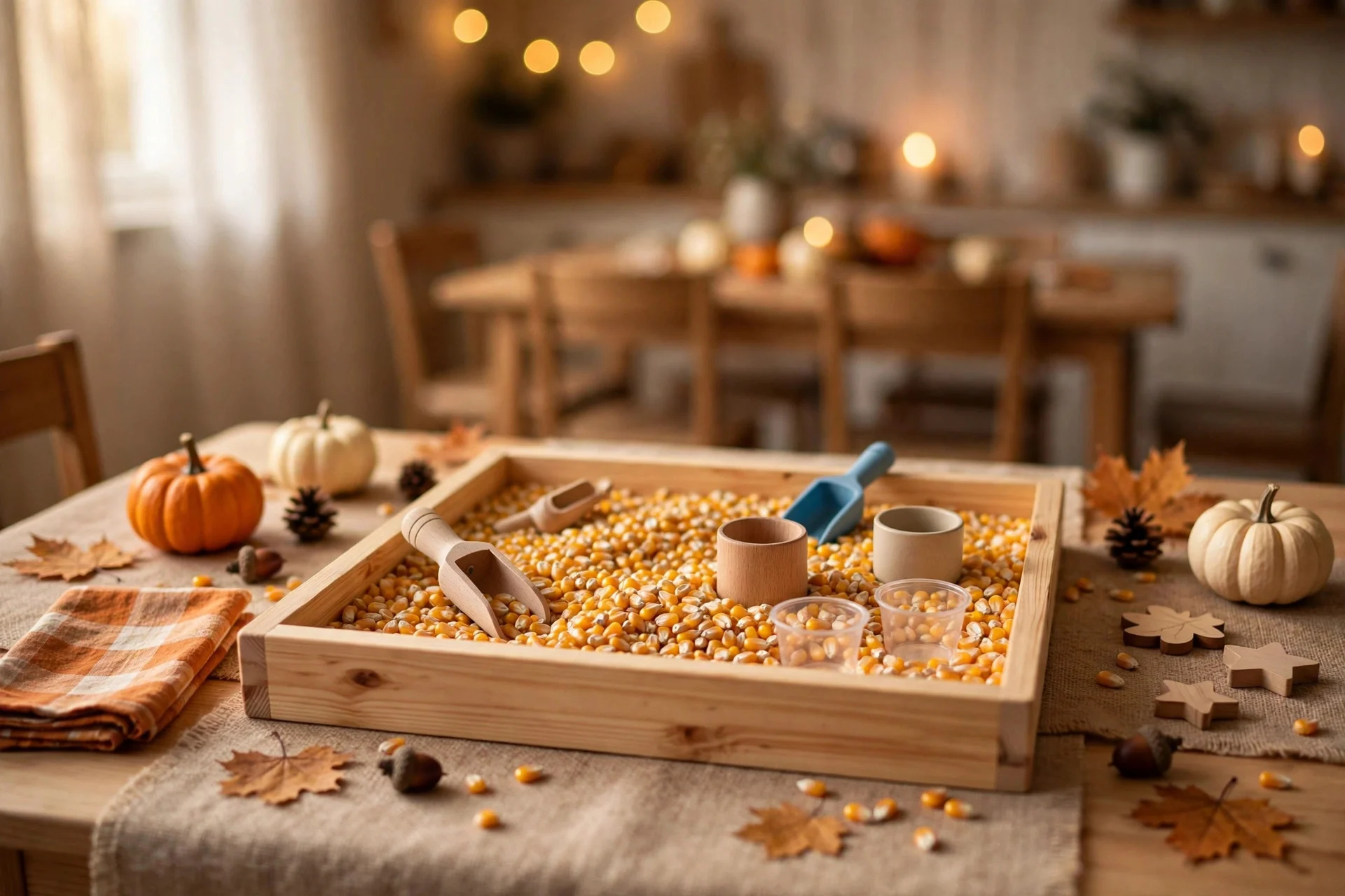 Low wooden sensory tray filled with dried corn kernels, scoops and cups on a kids' Thanksgiving table
