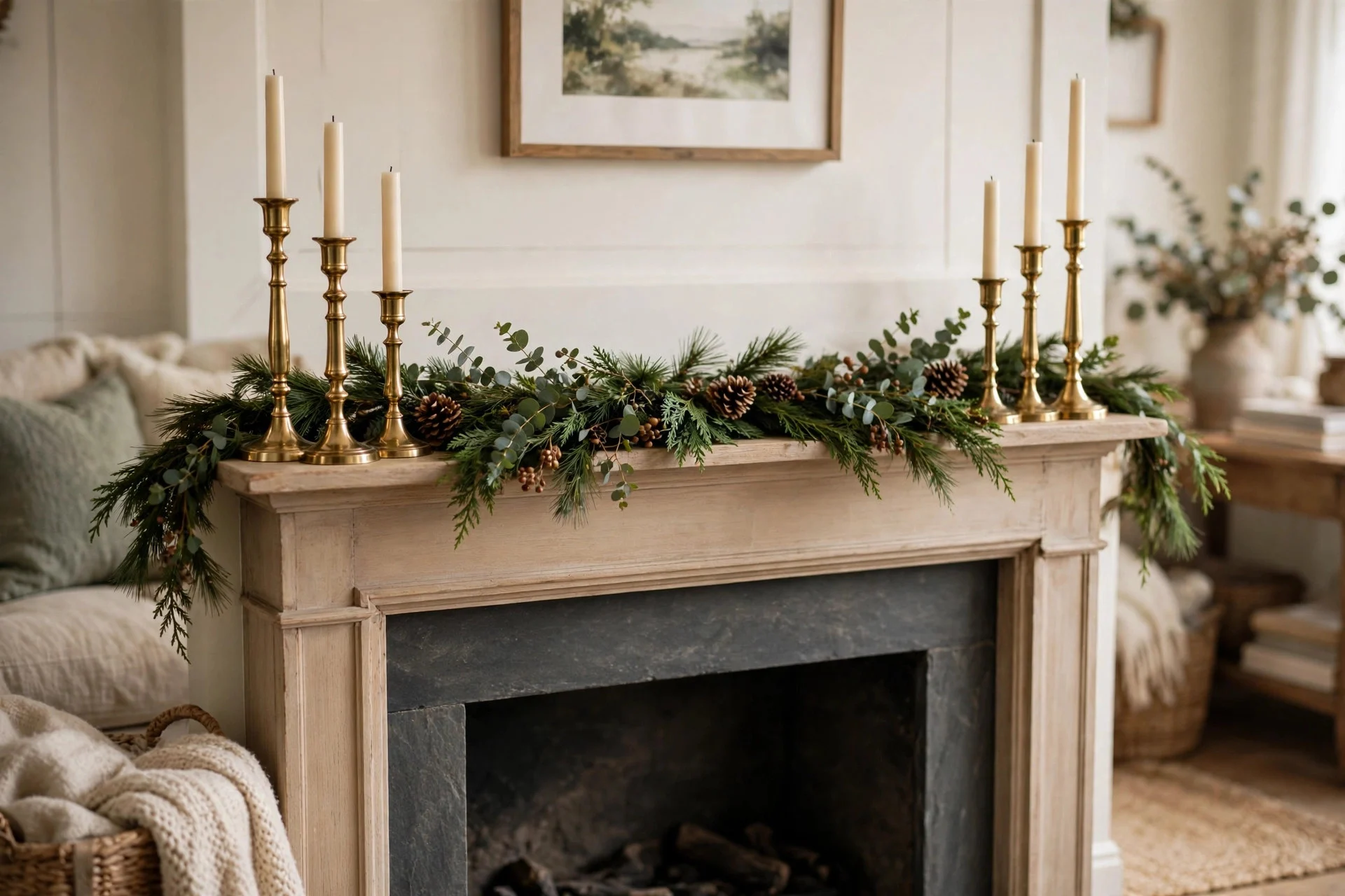 Tall brass candlesticks of different heights on each end of a Christmas mantel