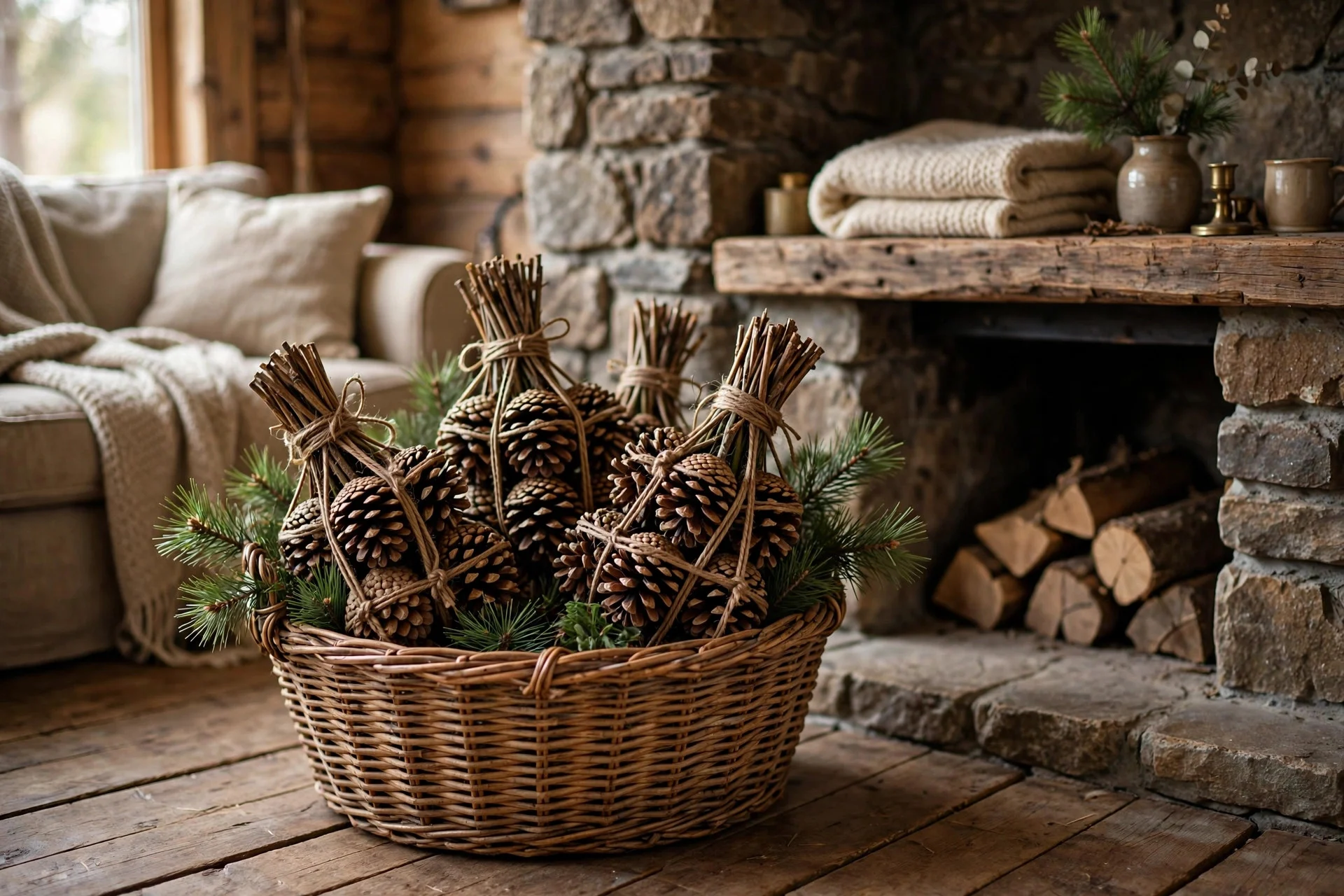 Basket of pinecones tied with twine beside a stone fireplace