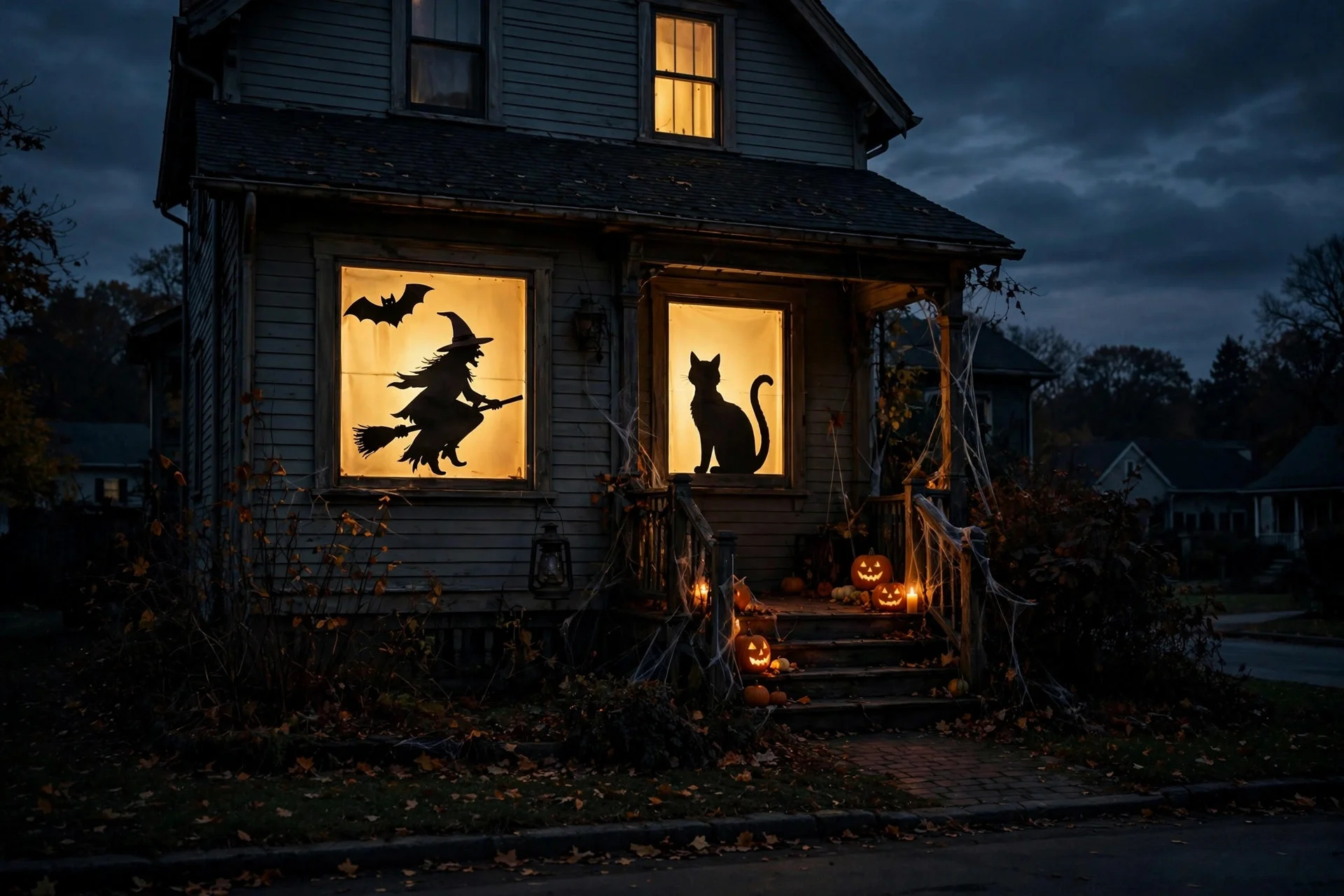 Glowing windows with bat cat and witch silhouettes seen from the street