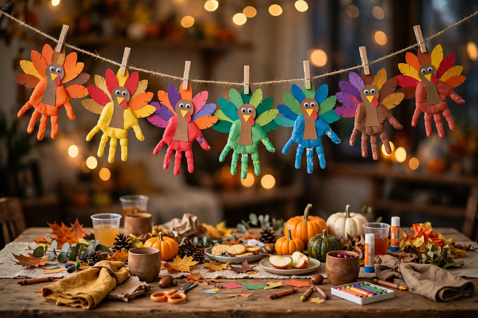 Garland of colorful handprint turkey crafts strung above a kids' Thanksgiving table