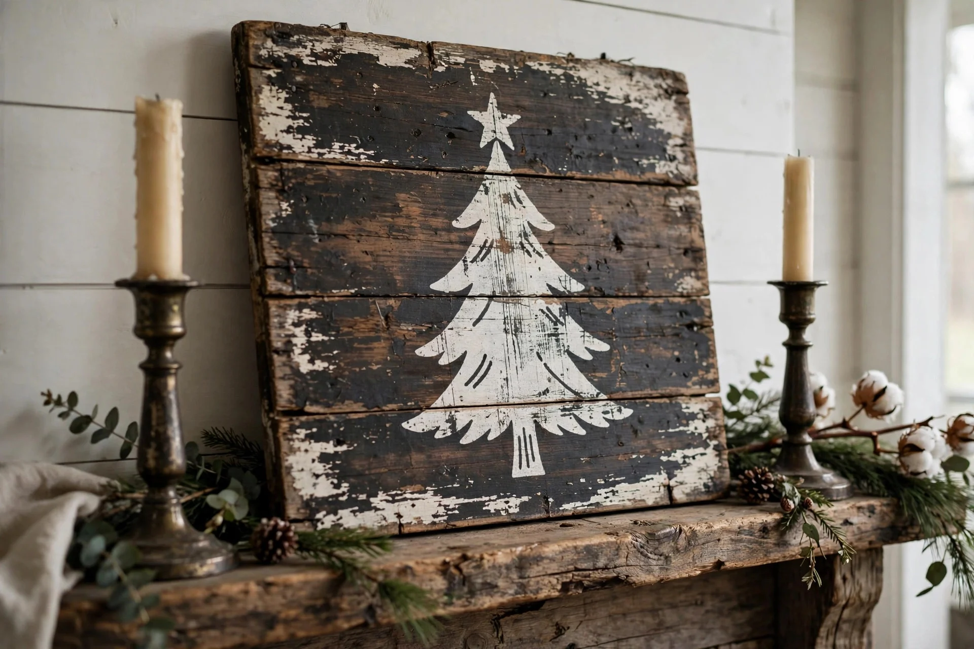 Weathered wooden sign with a painted Christmas tree silhouette on a wall