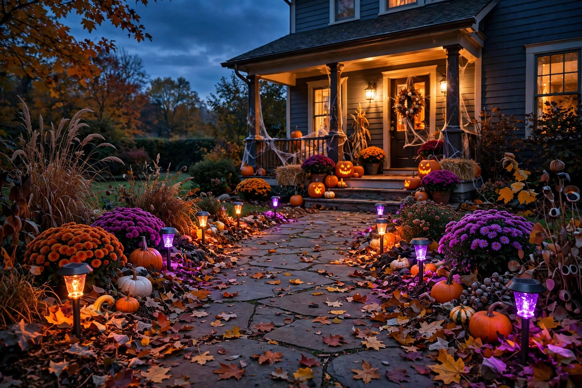 Purple and orange solar path lights glowing along a walkway at dusk