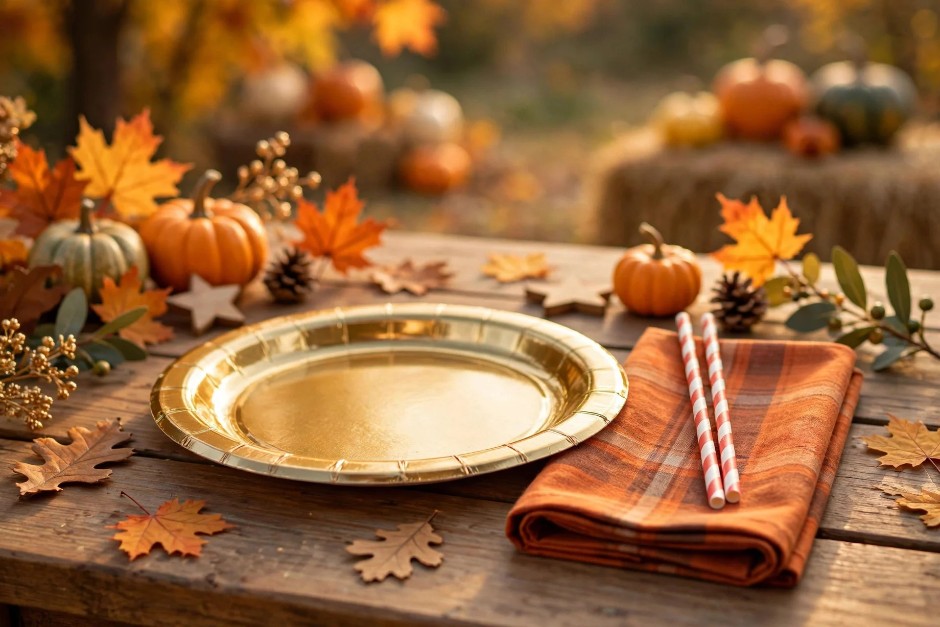 Kids' Thanksgiving place setting with gold disposable plates, paper straws and fall napkins