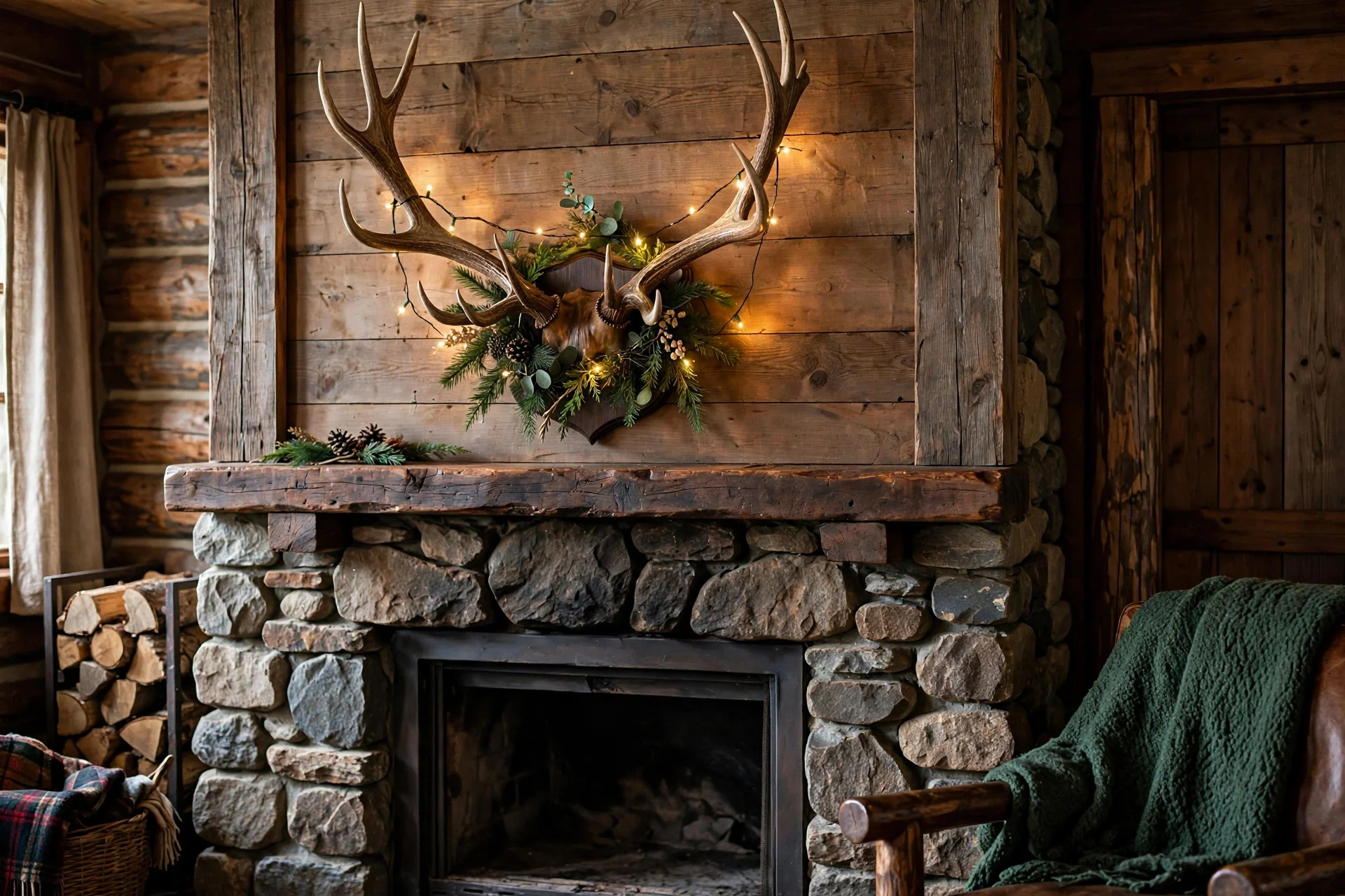 Faux antlers mounted above a fireplace decorated with greenery