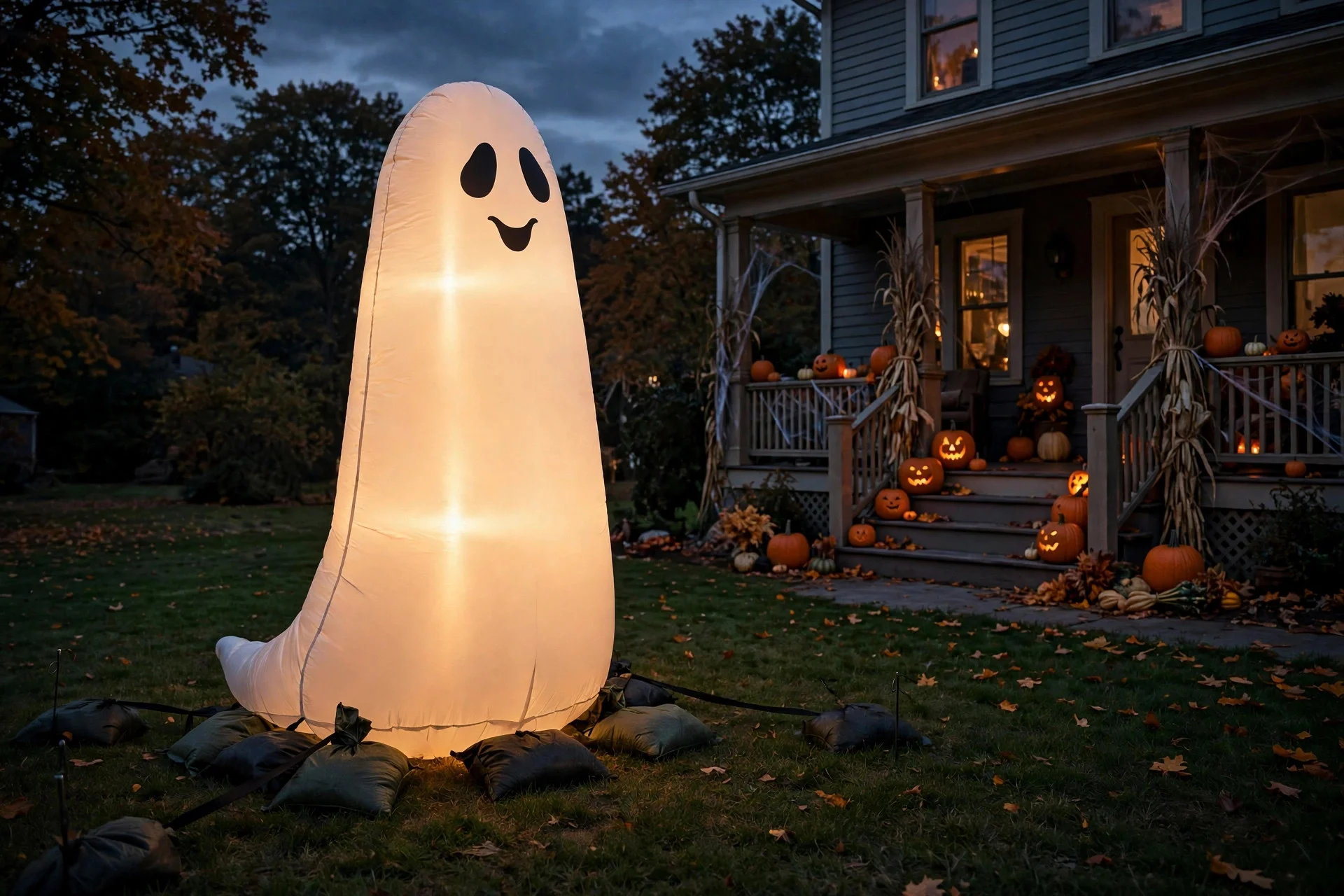 One giant glowing inflatable ghost anchored with sandbags on a front lawn