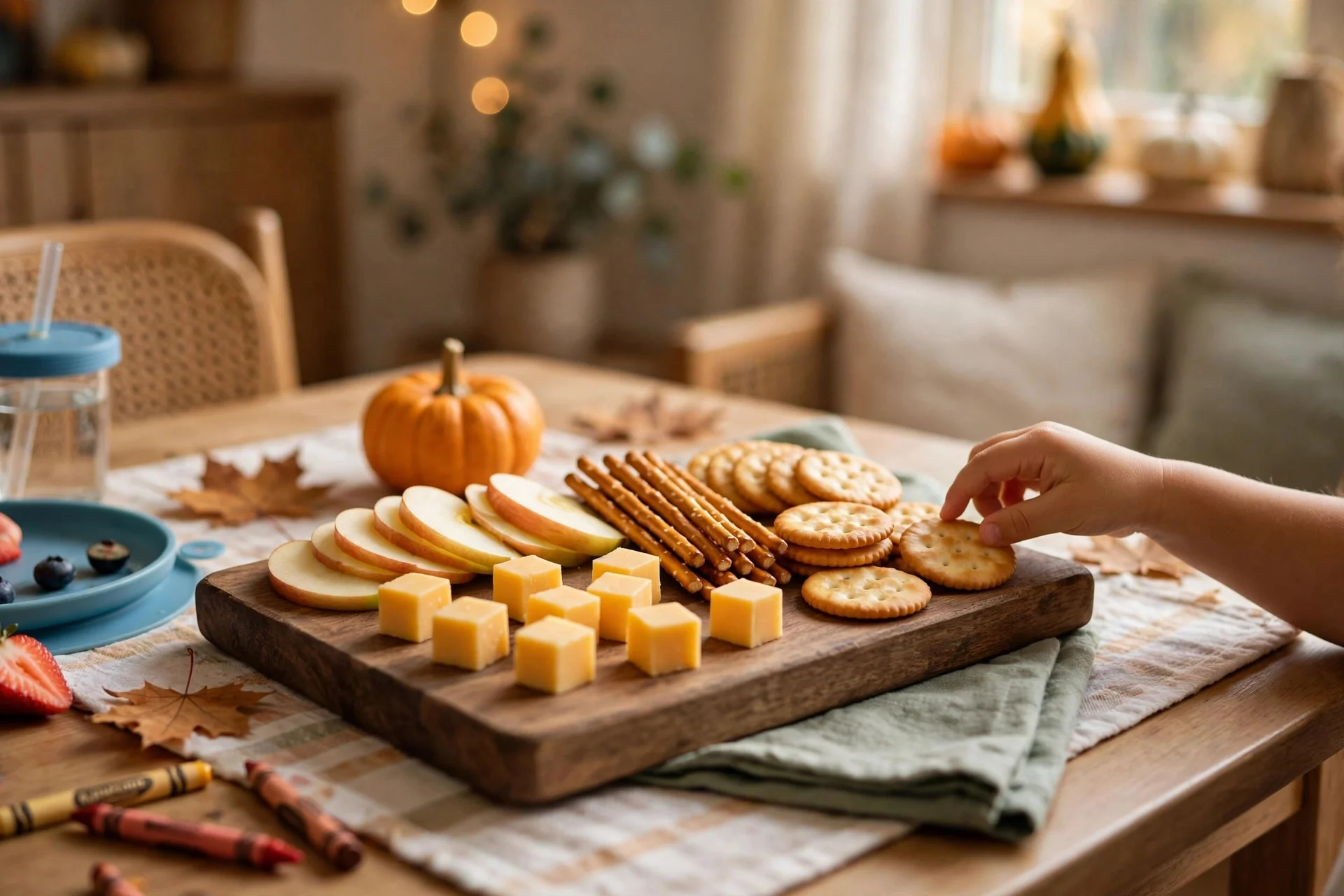 Low snack grazing board with cheese, crackers, apple slices and pretzels on a kids' Thanksgiving table
