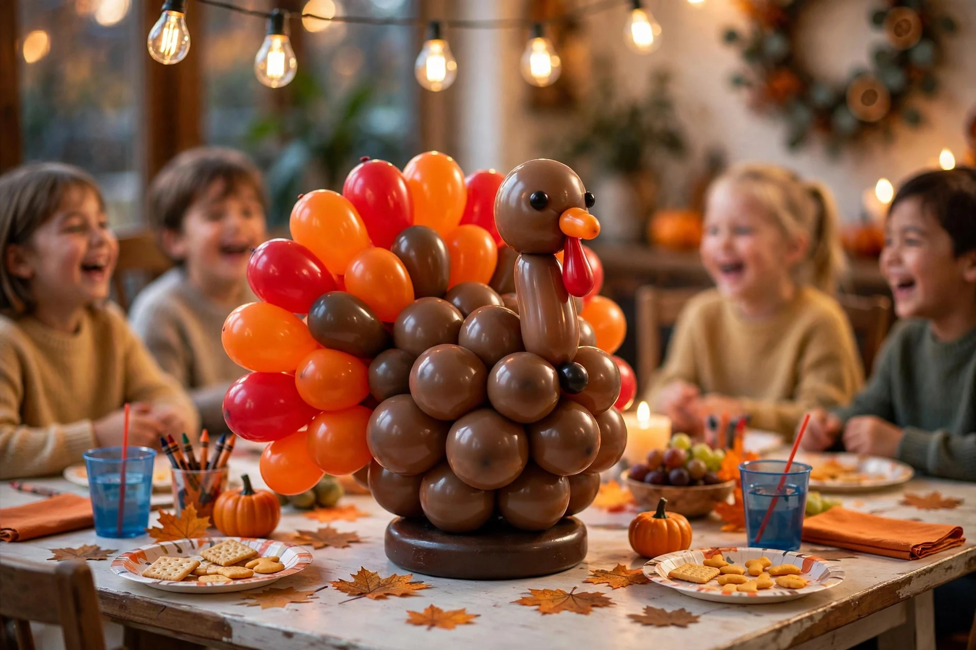 Balloon turkey centerpiece in brown, orange and red on a kids' Thanksgiving table