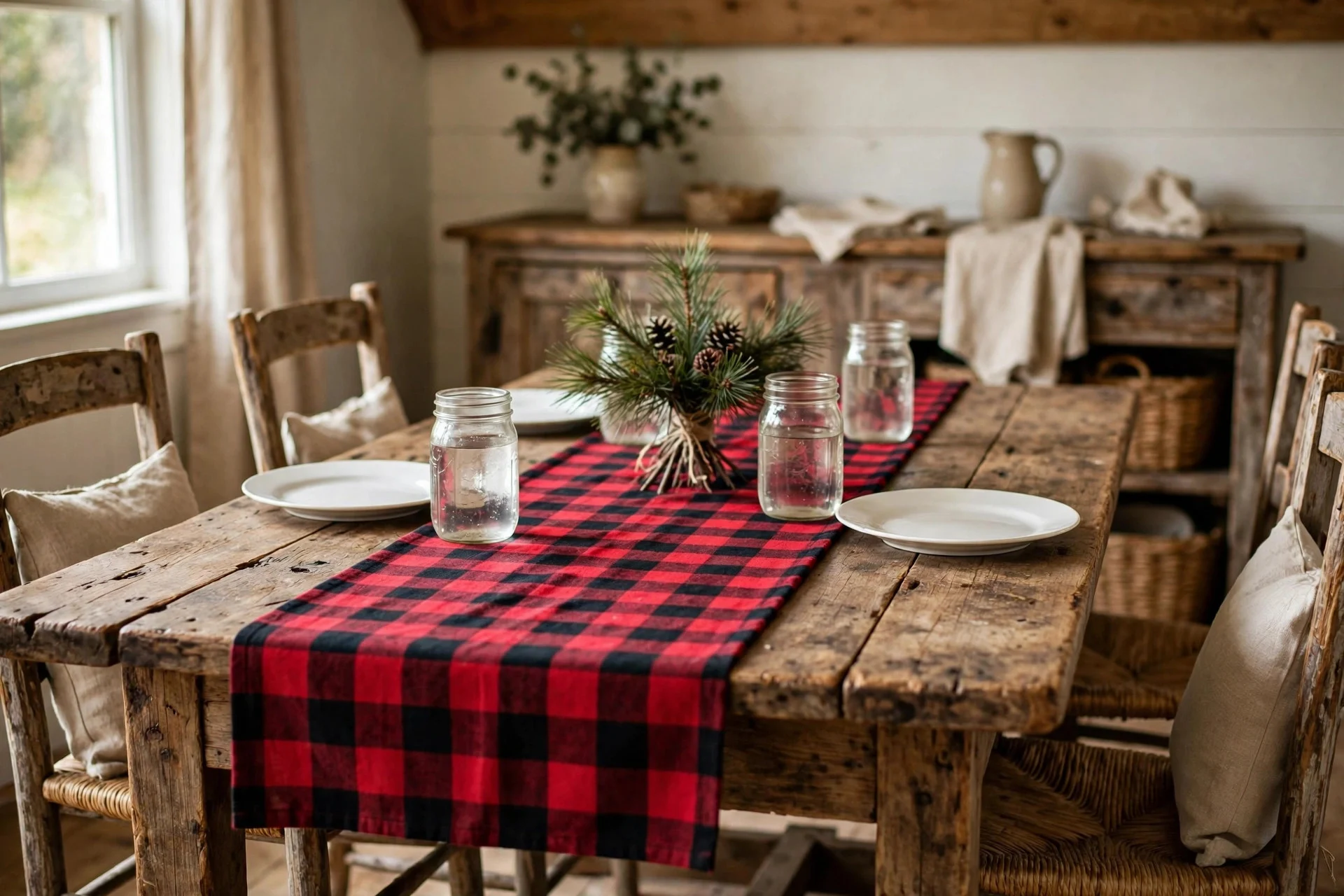 Dining table with a red and black flannel runner and rustic place settings