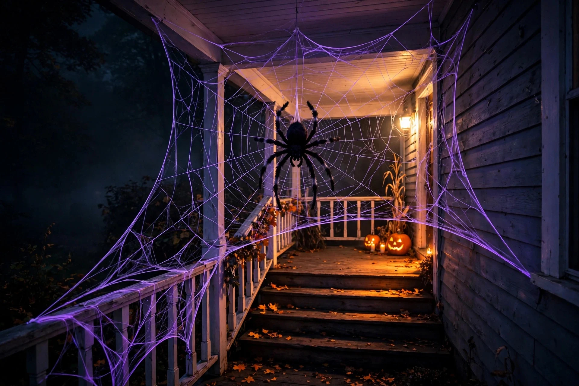 Giant fake spider web stretched across a porch corner with oversized spider