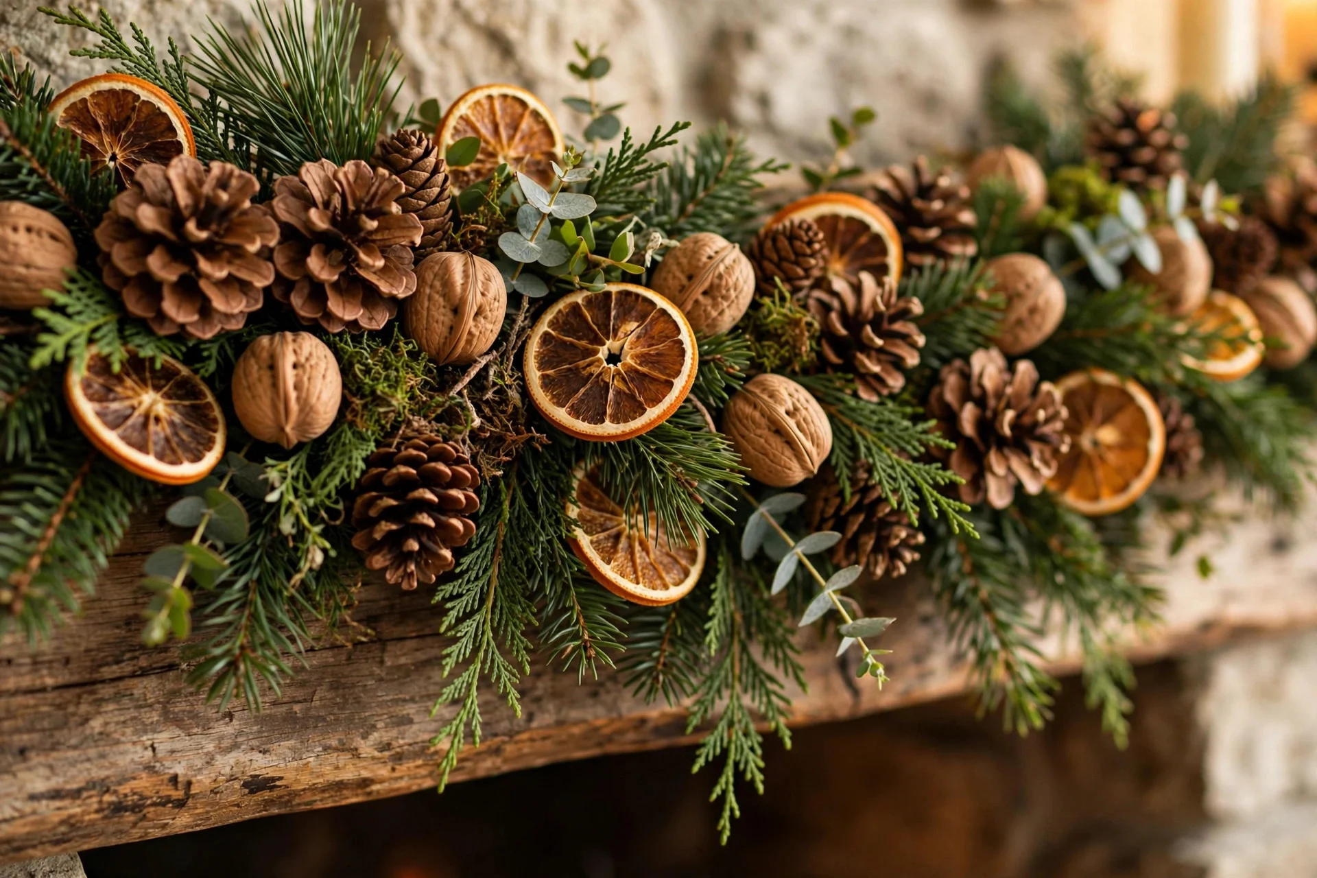 Pinecones, dried orange slices and walnuts filling gaps in mantel garland