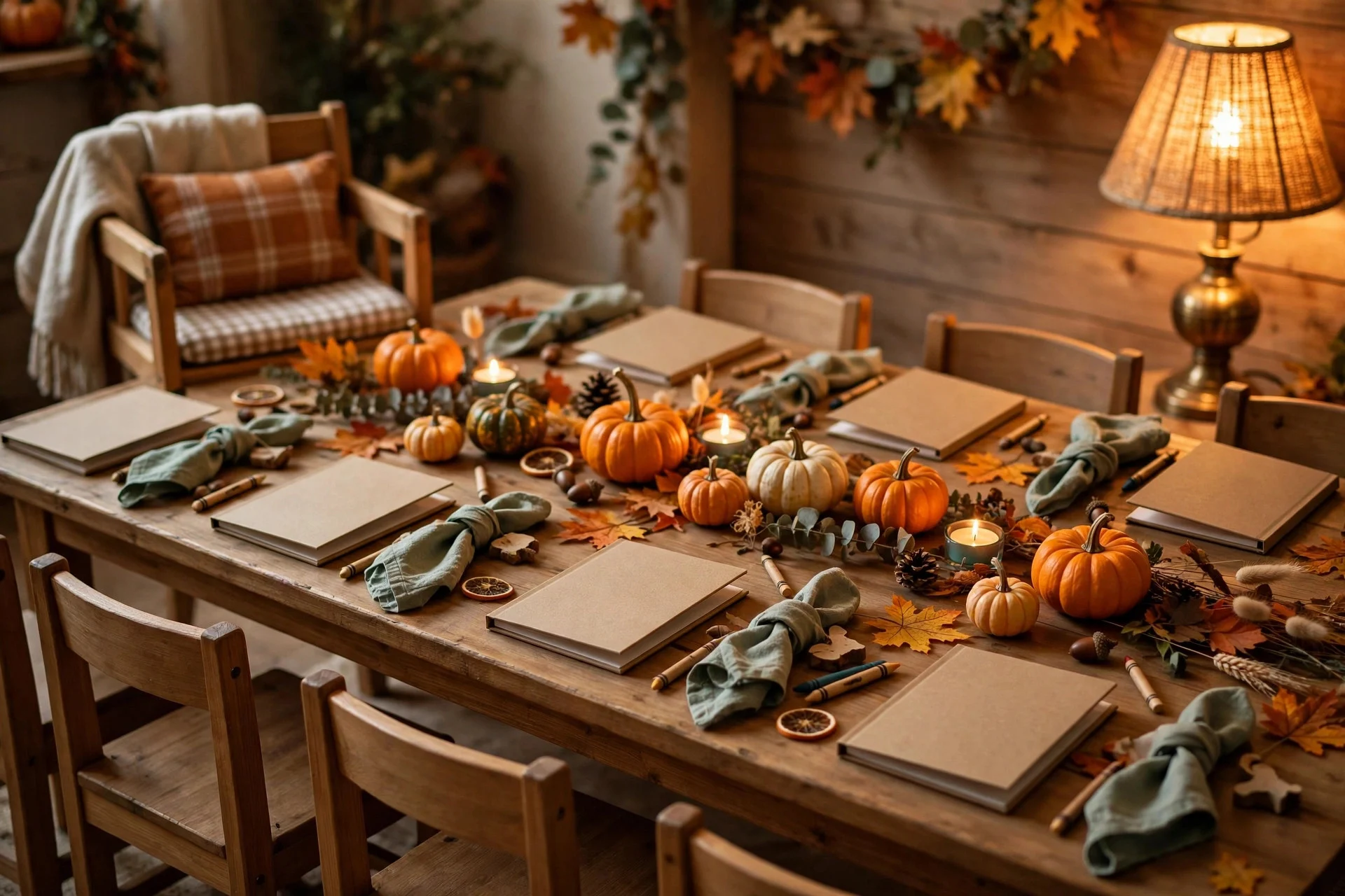 Thanksgiving picture books placed at each child's seat as favors on a kids' table