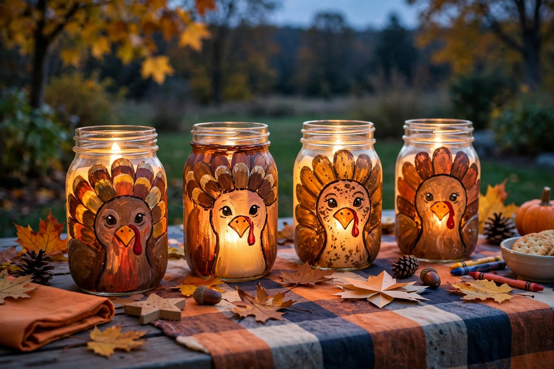 Mason jars painted like turkeys glowing with battery LED candles on a kids' Thanksgiving table at dusk