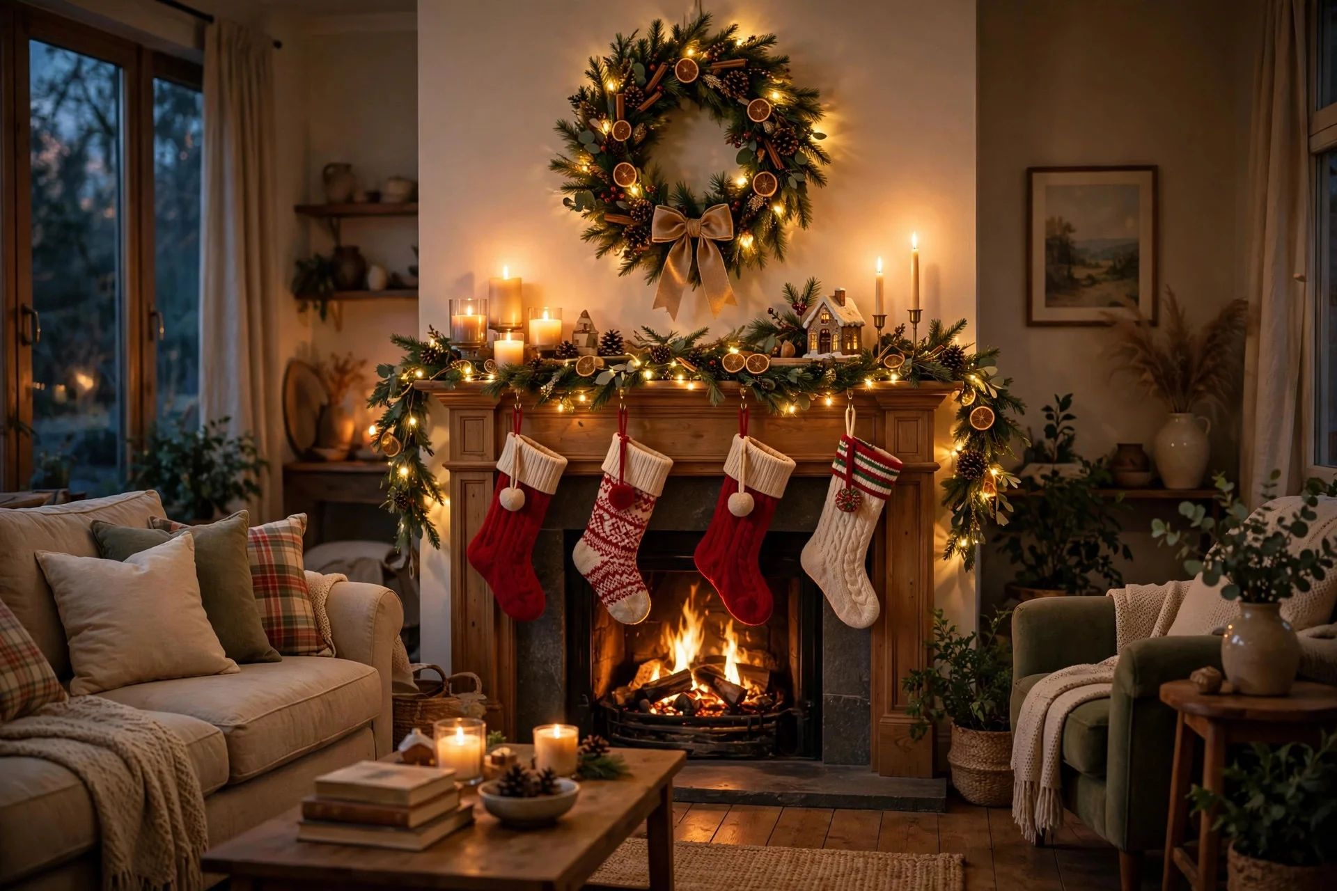 Finished Christmas mantel viewed from across a cozy living room