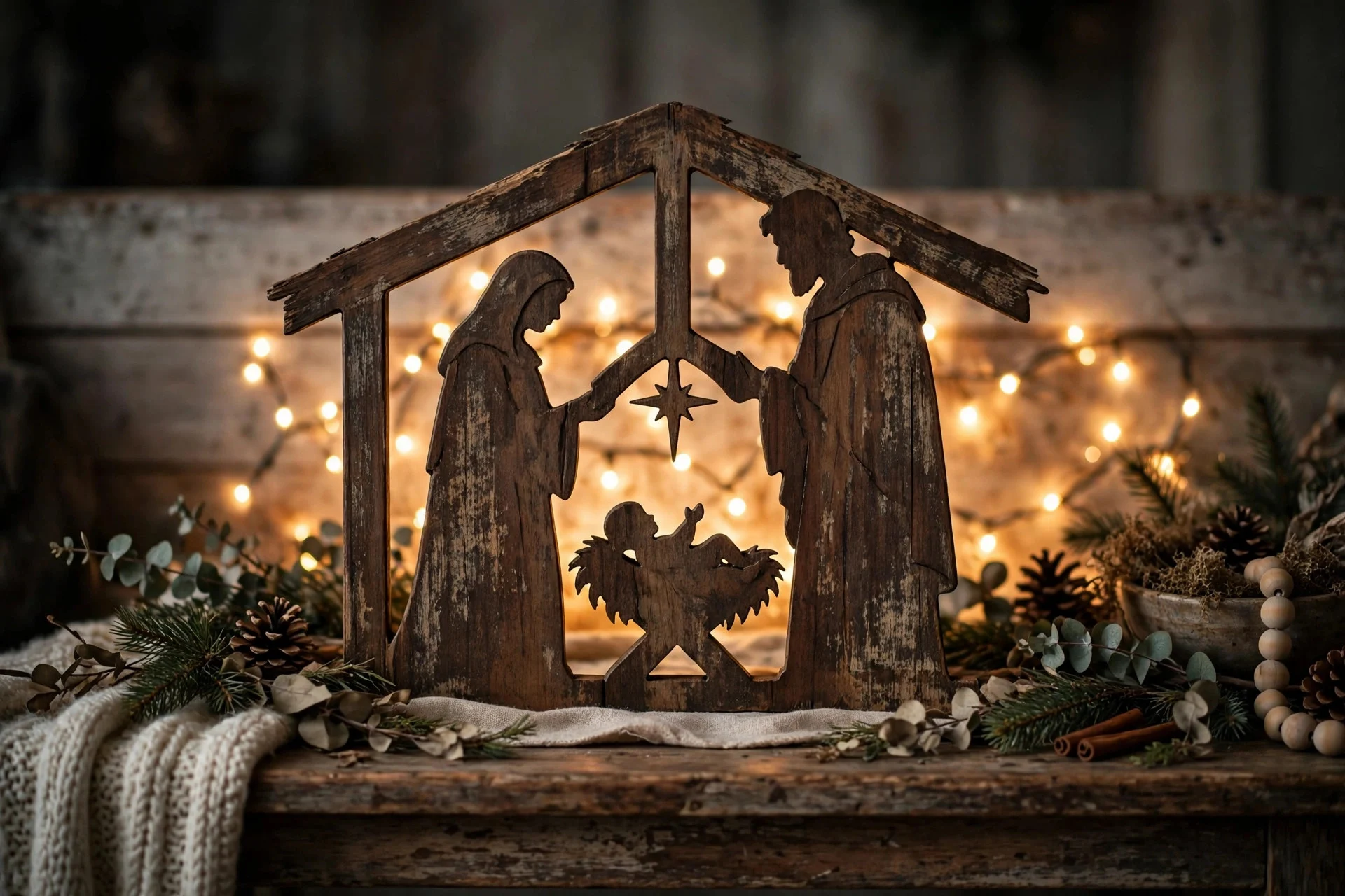 Simple distressed wood nativity silhouette figures on a console table