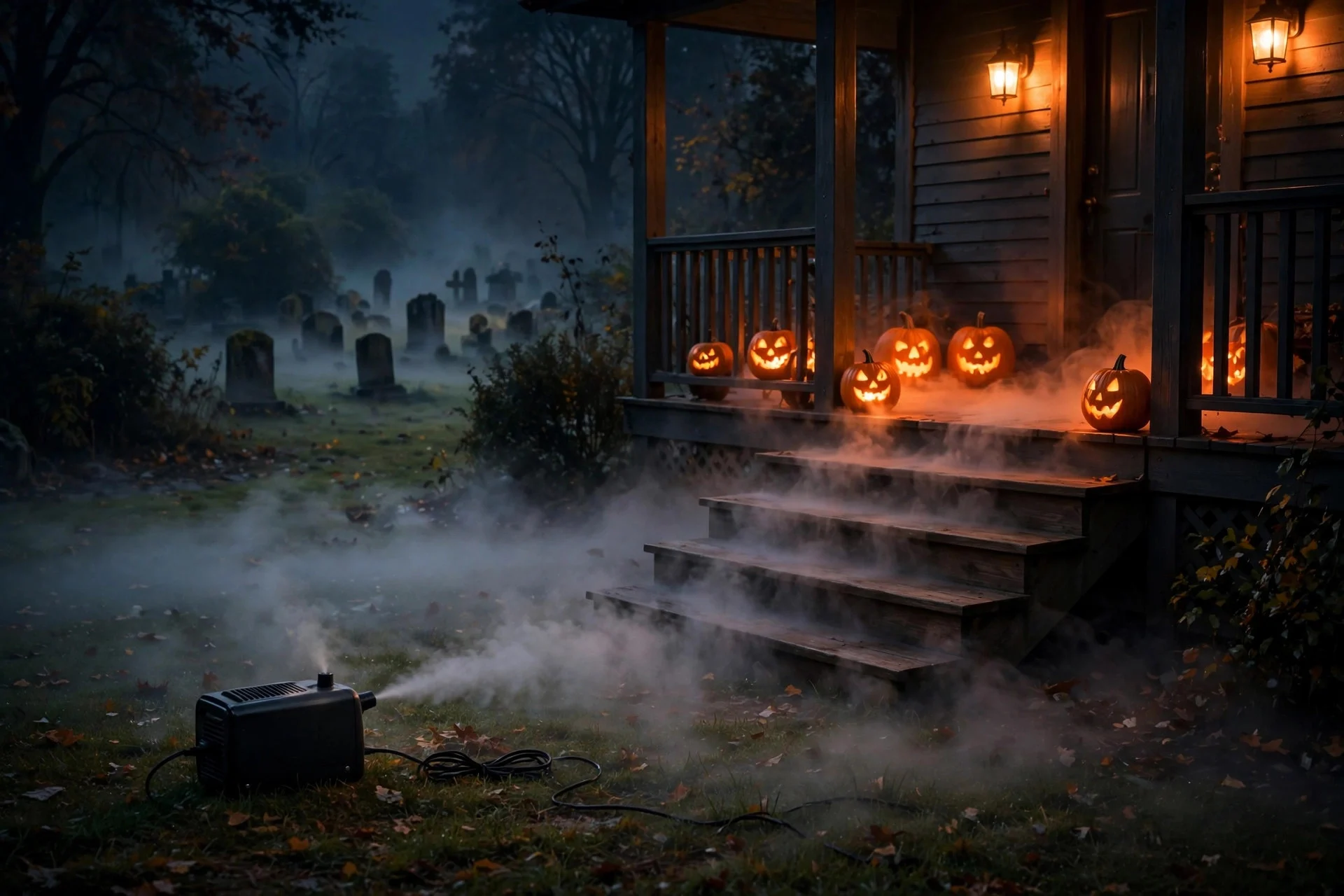 Fog machine mist drifting low across porch steps and yard at night
