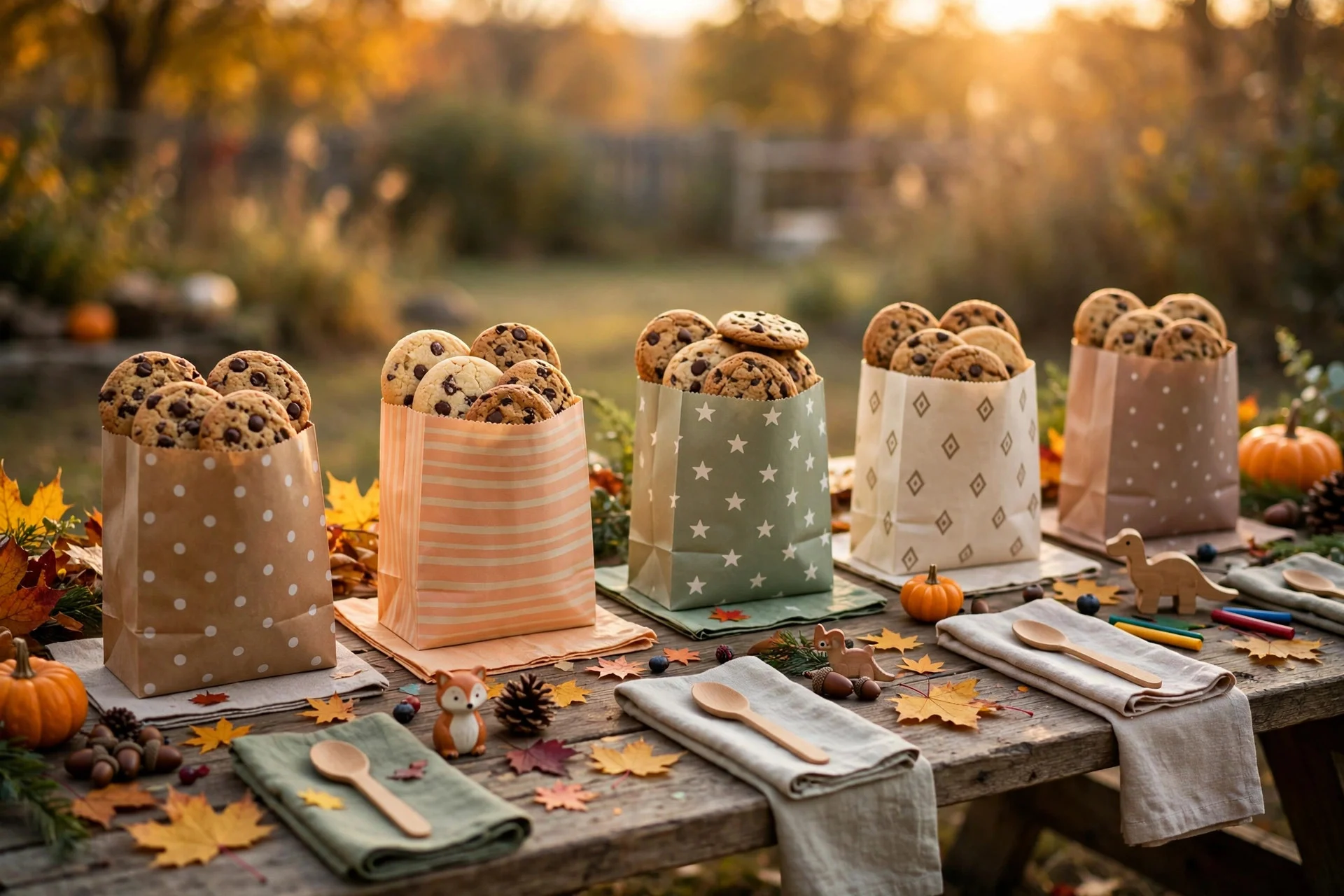 Decorated paper treat bags filled with cookies at each child's place on a kids' Thanksgiving table