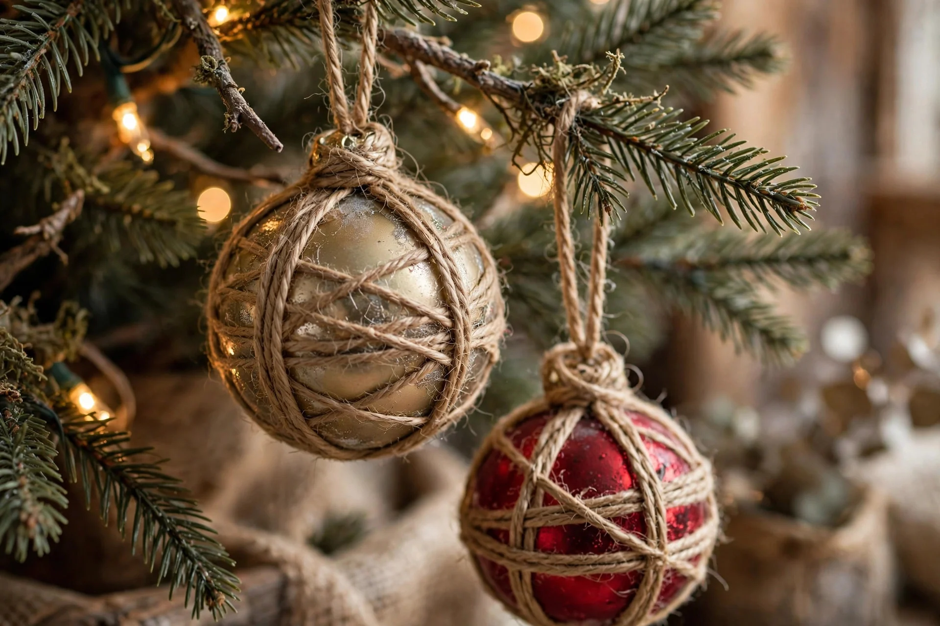 Christmas ornaments wrapped in jute twine hanging on tree branches