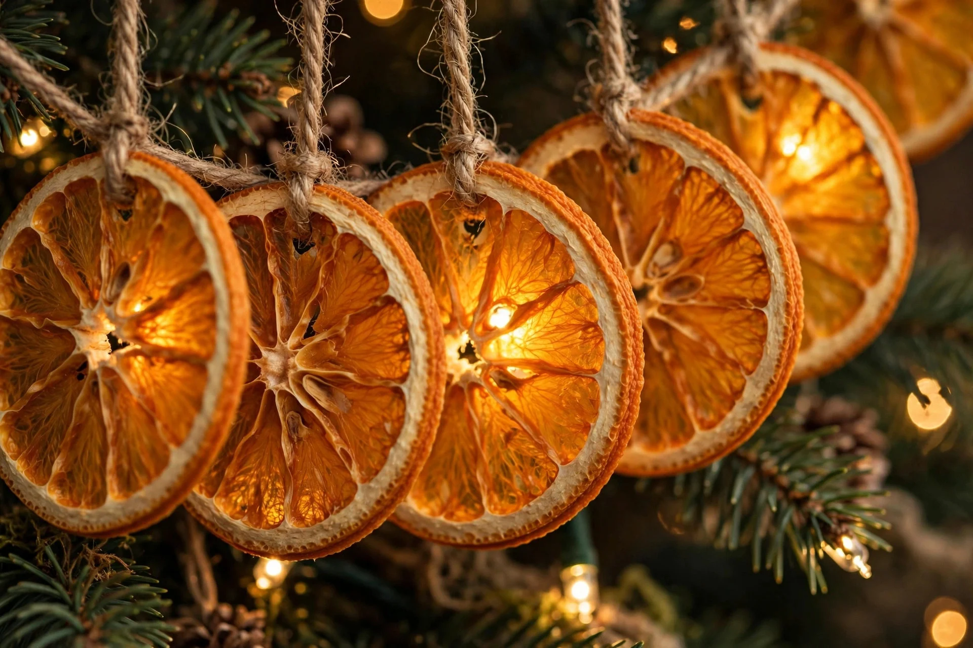 Garland of dried orange slices strung on a Christmas tree