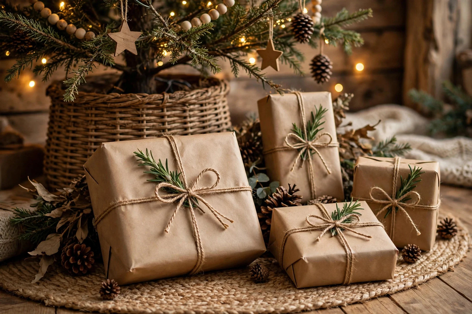 Christmas gifts wrapped in kraft paper with twine and rosemary sprigs