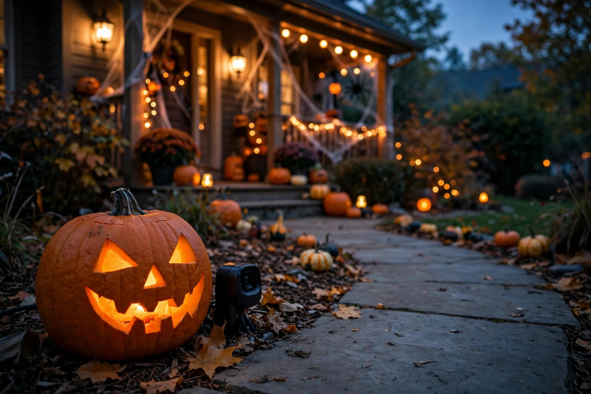 Motion sensor hidden behind a glowing pumpkin beside a walkway at dusk