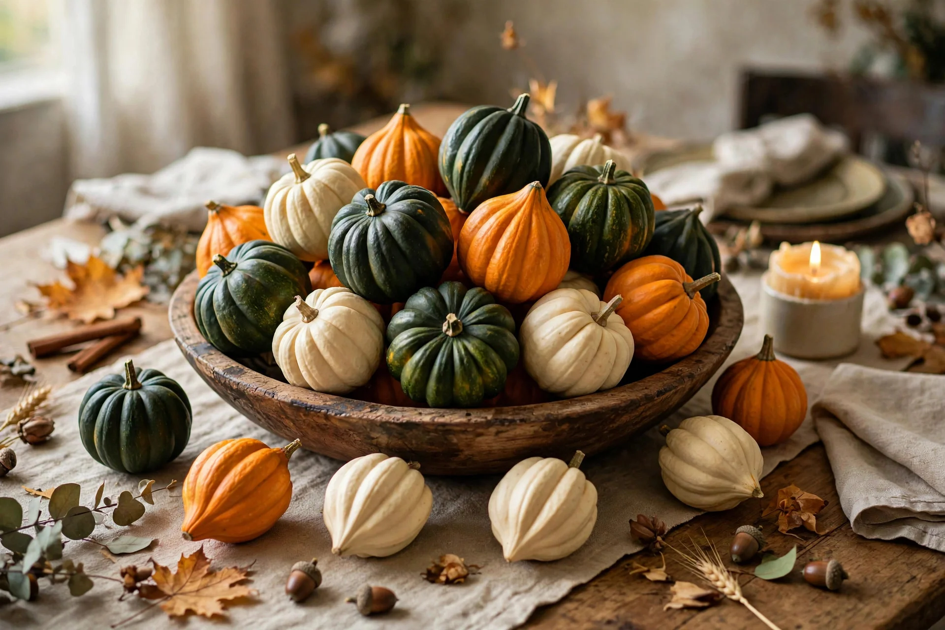 Low wooden bowl overflowing with small acorn squash in green and orange on a fall table