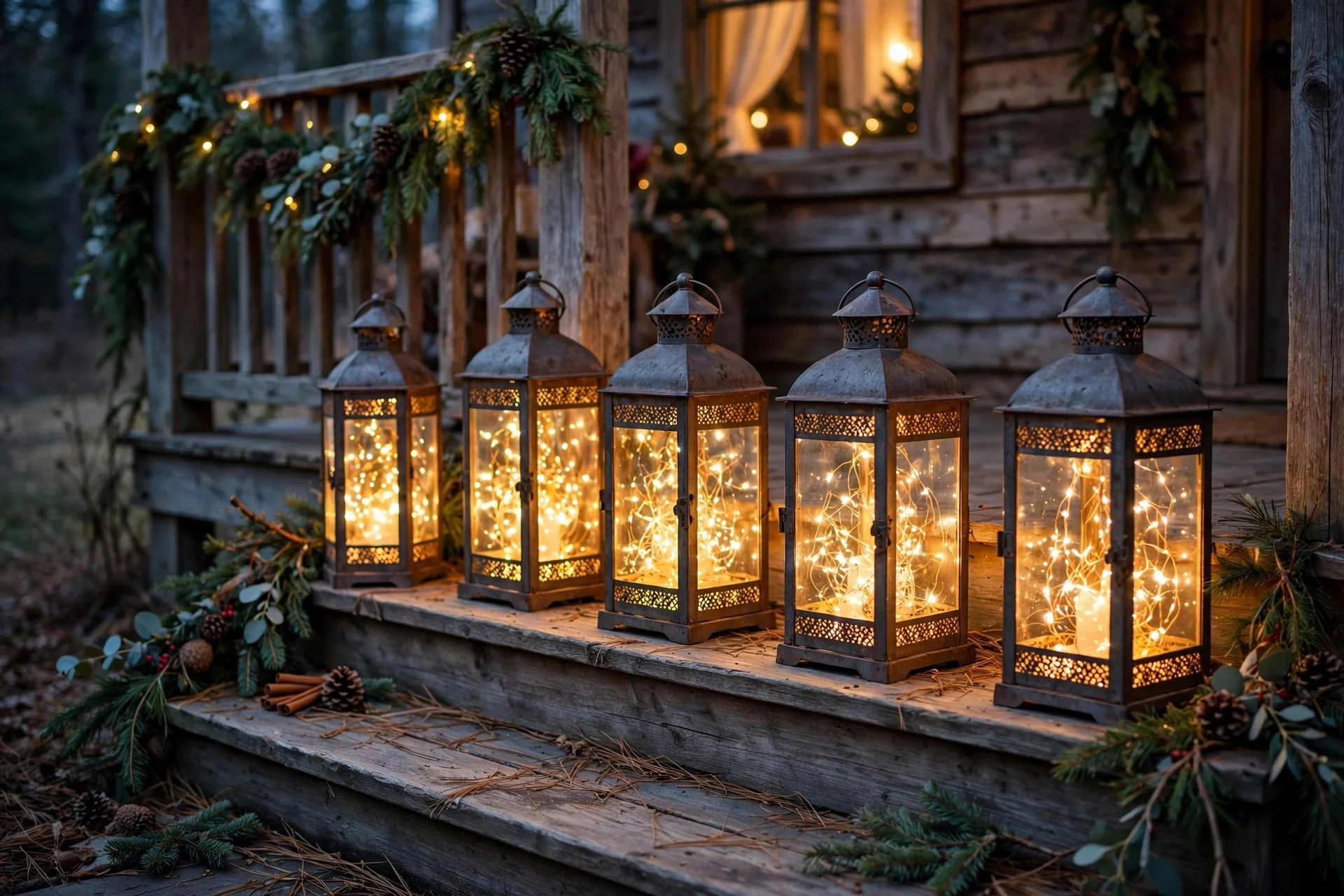 Rustic metal lanterns glowing with fairy lights on porch steps