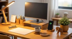 wood accents in cubicle adding warmth