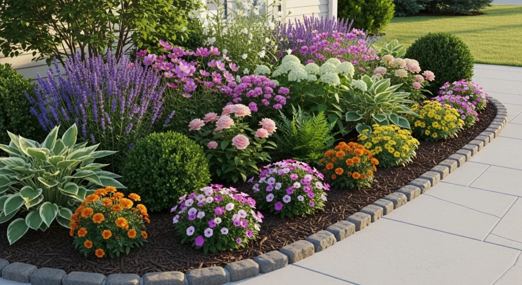 cheap front yard flower bed with layered plants edging and mulch creating elegant curb appeal design