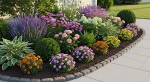 cheap front yard flower bed with layered plants edging and mulch creating elegant curb appeal design