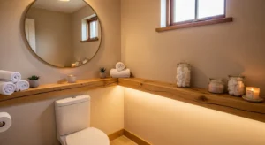 wooden bathroom shelves adding warmth to modern space