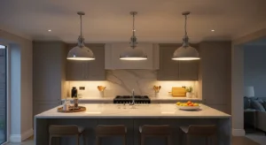 kitchen island with pendant lighting in modern neutral kitchen design showing stylish kitchen pendant lighting ideas
