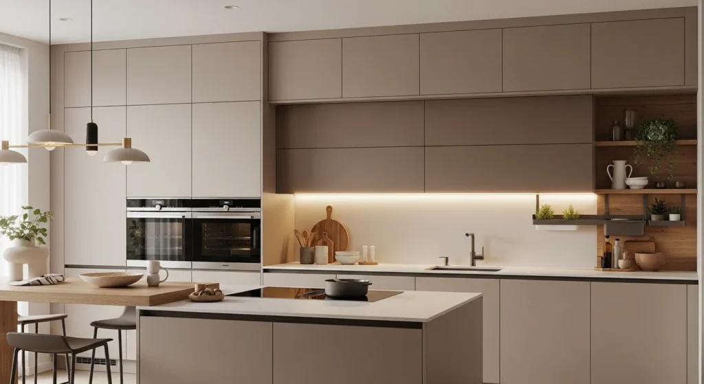 modern kitchen with full height neutral cabinets and smart storage showing stylish kitchen cabinet ideas for 2026