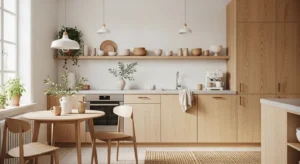 light wood accents in scandinavian kitchen adding warmth