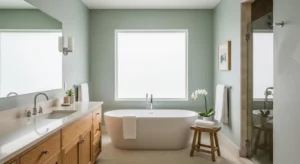 sage green bathroom with calm natural color palette