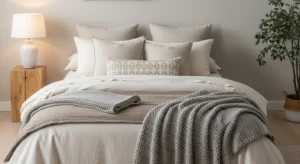 cozy layered bedding in neutral bedroom design