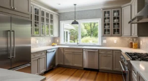 taupe cabinets with glass doors creating light feel