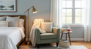 reading corner in neutral bedroom with cozy vibe