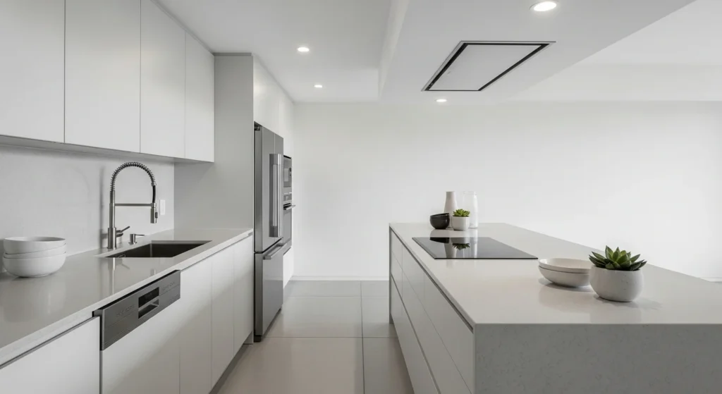 Integrated kitchen appliances hidden behind cabinetry for seamless design