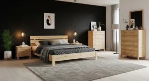 black and wood bedroom with warm natural contrast